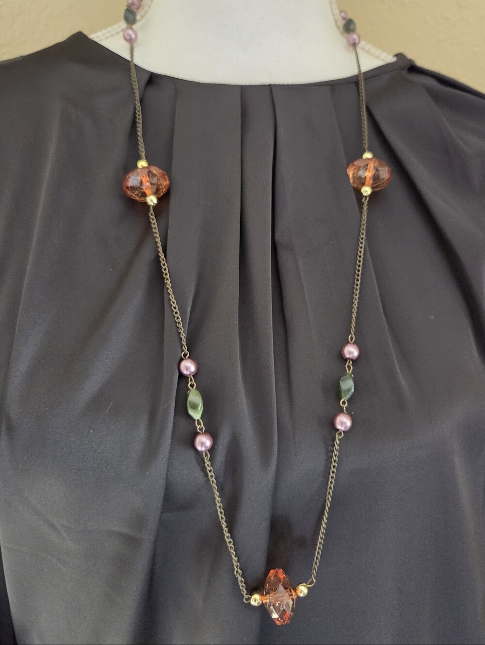 vintage long station necklace faceted amber crystal purple pearl curb chain 32"